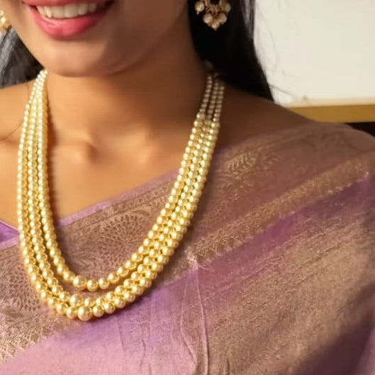 Light Gold 3 Strand Swarovski Pearl Necklace with small pearls at the top