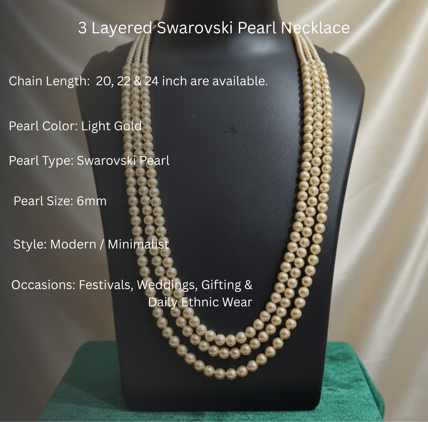 Light Gold 3 Strand Swarovski Pearl Necklace with small pearls at the top