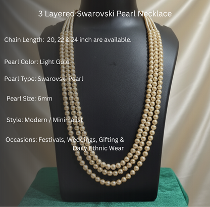 Light Gold 3 Strand Swarovski Pearl Necklace with small pearls at the top